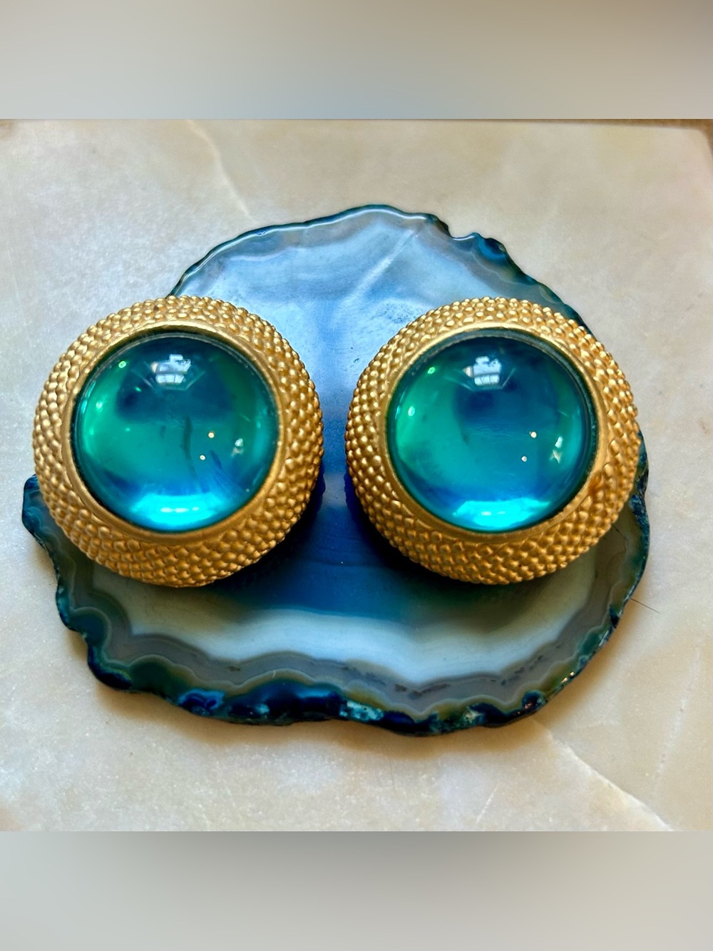 Vintage Teal Cabochon Gold-tone Earrings 1980s 1990s